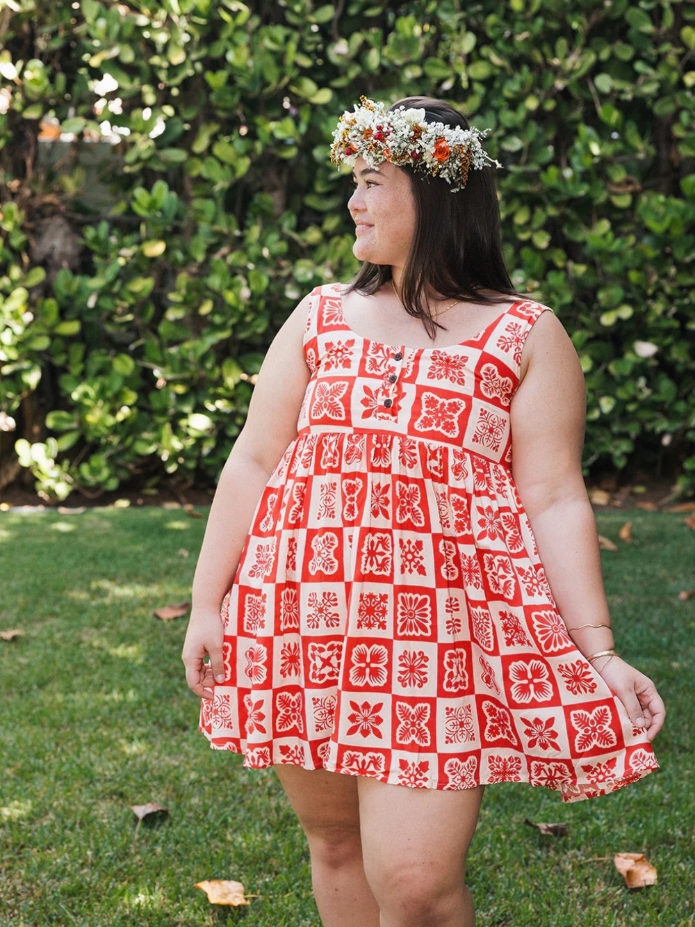Red & Cream Printed Mini Dress with Square Neck